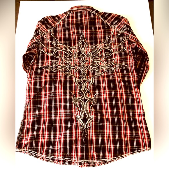 Men's Roar Enough Excuses L Button Down Red Checkered Long Sleeve Shirt - Picture 9 of 12
